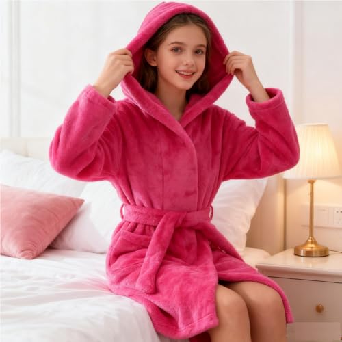 Image of Kids Bathrobe Hooded Plush Fleece Robe for Girls Boys