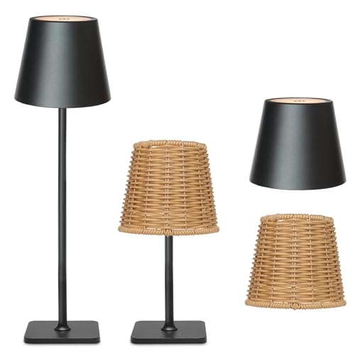 Mr. White Outdoor Waterproof Cordless Set of 2 Rechargeable Portable Top Touch Battery Operated Powered LED Table Lamp Desk Lamp Lights for Restaurant Kitchen Patio Dinner Dining (Black 2 Pack)