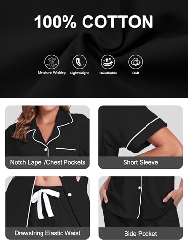 Image of COLORFULLEAF Women's 100% Cotton Pajamas Set Button Down Sleepwear Short Sleeve Shirt and Long Pants Soft Ladies Lounge Sets