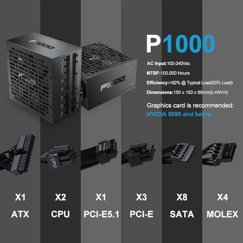 P1000 Alimentatore Completamente Modulare – 1000W 80 Plus Platinum, Compatibile con ATX 3.1 e PCIe 5.1 | Connettore 12V-2x6 per NVIDIA RTX 50/40, Ventola FDB Silenziosa – Nero - Alimentatore - Immagine 7