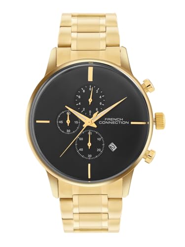 Image of French Connection Black Embossed Round Dial with Gold Stainless Steel Strap Chronograph Watch for Mens - FCO5GM