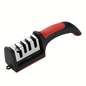 4-in-1 Kitchen Knife Sharpener Multi-Stage Blade Restoration System with Coarse Fine Ceramic Honing Slots Non-Slip Handle Stable Base