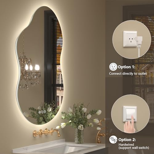Image of 20x36 Inch Irregular Backlit Led Lighted Vanity Mirror | Asymmetrical Bathroom Mirror with Light, Cloud Shape, Fogless, Dimmable, Memory, 3 Colors, Shatterproof (Horizontal /Vertical)
