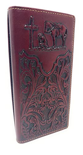 Texas West Western Men's Laser Cut Genuine Leather Praying Cowboy Long Bifold Wallet (Coffee/Brown)2