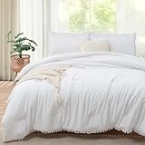annadaif White Full Size Comforter Set, Pom Pom Fringe Bedding with Lightweight Microfiber Comforter, Pillowcases, All Season (79x90 in)