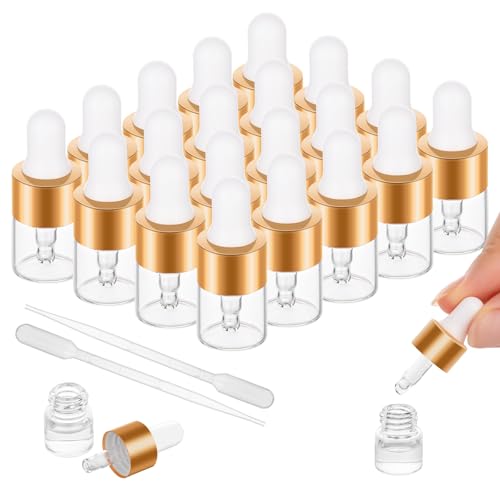 COTOM 20 Pack Mini Dropper Bottle for Cuticle Oil 1ml Small Sample Essential Oil Dropper Bottles for Travel Clear Empty Vails for Cosmetic Perfume