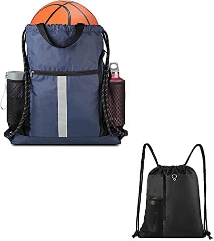 BeeGreen Mochila con cordón, bolsa de gimnasio deportiva negra, tamaño grande, con cremallera, botella de agua, bolsillos de malla, compartimento