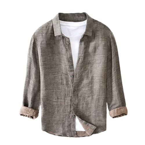 Chemise en lin homme manche longue col rabattable vintage unie