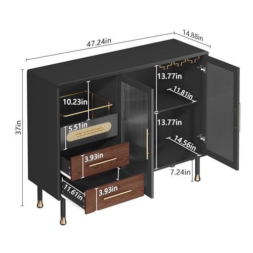 Image of ARTPOWER 48 inch Coffee Bar Cabinet with Wine Racks and Drawers, Modern Buffet Sideboard with Pull-Out Wine Storage, Liquor Bar Cart for Kitchen, Dining Room, Living Room (Black)