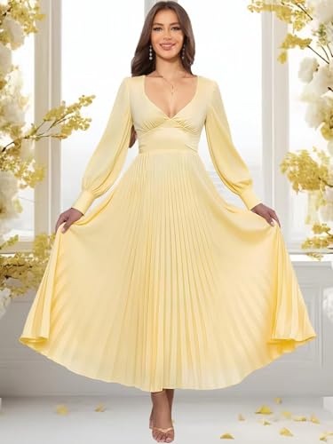 Long Sleeve Bridesmaid Dresses for Women Satin Pleated V Neck Corset Elegant Formal Party Dress3