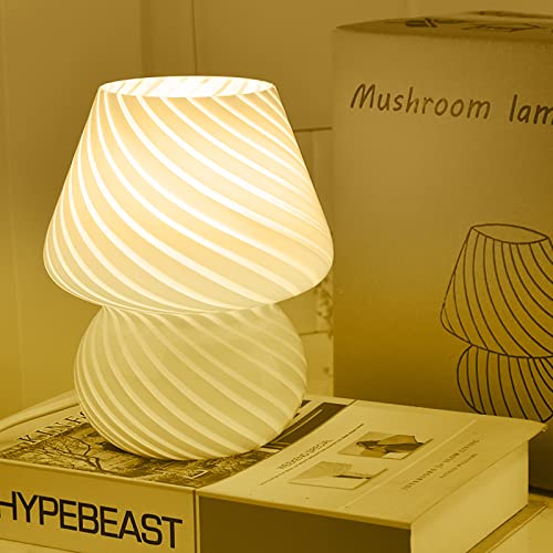 Lampada a fungo, lampada da tavolo in vetro di Murano traslucido Stile vintage Lampada da comodino a righe Luce a fungo vorticosa Lampada estetica per la casa, la camera da letto, il soggiorno