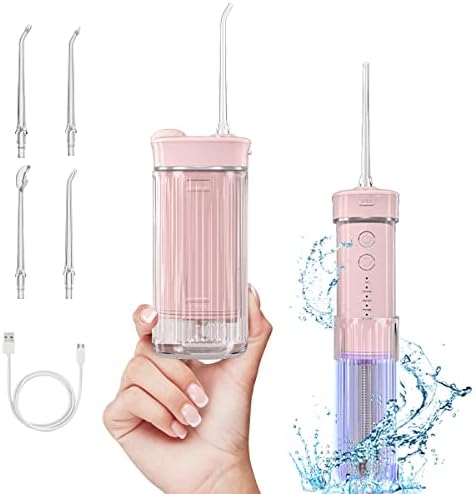 Portable Water Flosser, Siillk Cordless Oral Irrigator for Teeth Cleaning with 4 Modes 4 Jets, IPX7 Waterproof, Telescopic Water Tank for Kids Adult Braces Care Travel Home Use (Pink)