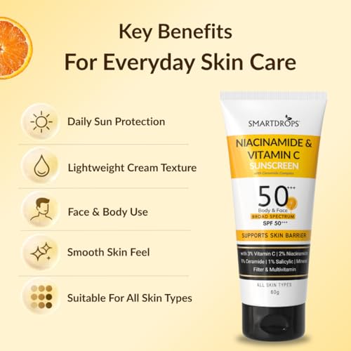 Image of SPF 50+++ PA+++ Broad Spectrum Sunscreen Lotion with Niacinamide and Vitamin C, Lightweight Daily Sunscreen for Face, Neck and Body, Men and Women Use | 60ml (Pack of 3)