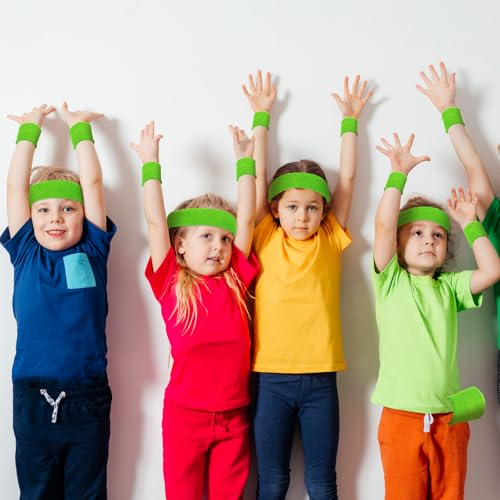 Image of Bememo 36 Pcs Neon Sweatbands Set for Kids 12 Headbands 24 Wristbands Bulk Sports Sweat Bands Athletic for Children Basketball Tennis Running Gym Student Gifts Glow Party