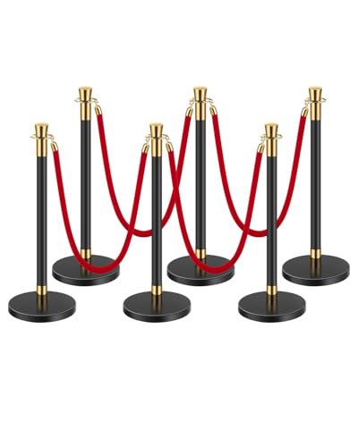 VEVOR Poteau de guidage, 6 pcs, barrière de balisage pour contrôle de foules, avec base creuse, 4 cordes velours rouge et poteaux noirs en acier inoxydable,...