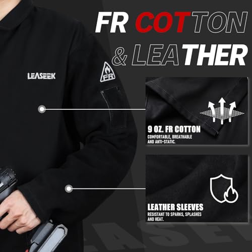 LeaSeek Welding Jacket Leather Sleeves | Flame Resistant (FR) Cotton Weld Coat | Welder Jacket for Men Women | Black, S-4XL by LeaSeek - Image 3