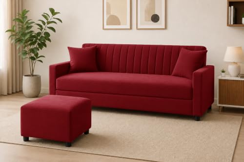 Image of Modern 3-Seater Velvet Sofa with Ottoman| Vertical Channel Tufted Backrest | Comfortable Living Room Sofa | Contemporary Furniture for Home, Bedroom & Office | Red