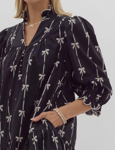 Women Puff Three-Quarter Sleeve Mini Dress Mock V Neck Babydoll Short Dress with Bow Print3