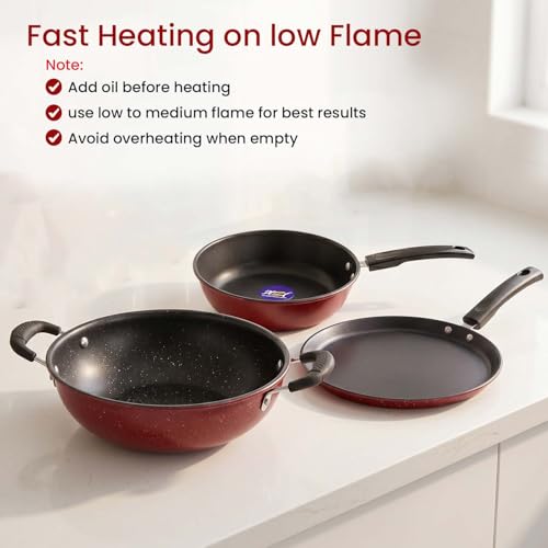 Image of DOZY Non-Stick Cookware Set | Maroon | 3 Piece, Kadai with Tawa and Fry Pan | Fast Heating on Low Flame | Induction cookware Set | Bakelite Handle