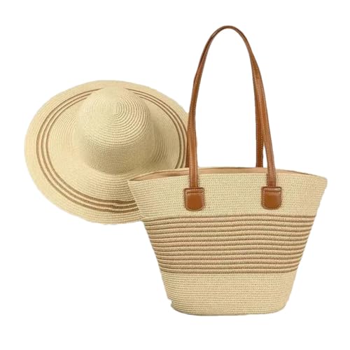 Women's Trendy Straw Woven Hat And Bag Set Wide Brim Face Slimming Tote For Travel Beach Essentials