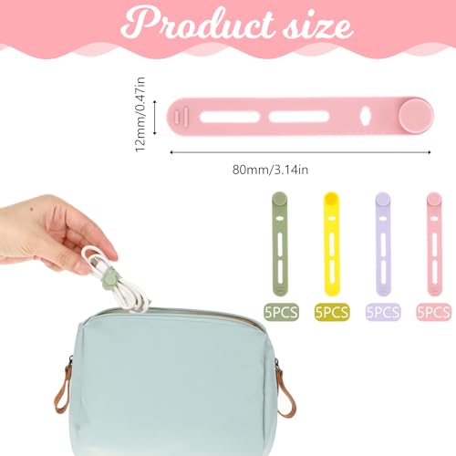 Molain Herbruikbare kabelbinders, 20 stuks verstelbare siliconen kabelriemen, draadorganizer voor oplaadkabels, oortelefoon, computer, bureau, kabelbeheer, reisaccessoires (geel+roze+paars+groen) - Afbeelding 5