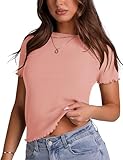 LOMON Women's Crewneck Short Sleeves Tops Ribbed Knit Fitted Y2k Tshirts Shirts with Lettuce Trim Peach Pink Small