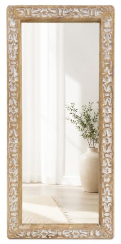 Image of Rustic Solid Wood Wall Mirror, Bathroom Vanity Mirror, Farmhouse Decorative Mirror for Home, Vertical & Horizontal Hanging, Wood Finish 52x20x1.25 inch White Antique