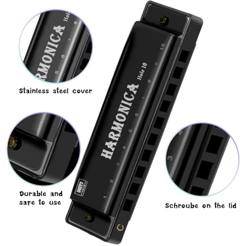 Image of Harmonica 10 Holes in C Key - Beginner to Advanced Blues Harp with Storage Case | Classic Diatonic Mouth Organ for Folk, Jazz & Pop - Great Gift for Music Lovers (Black)