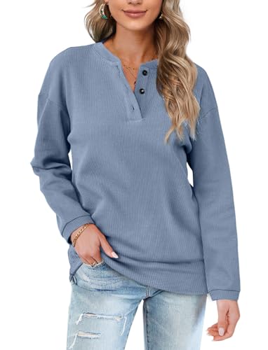 OFEEFAN Womens Sweaters for Fall Cute Botton Sweatshirts Long Sleeve Tops Greyblue M