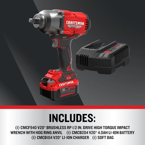 Image of CRAFTSMAN V20 RP Impact Wrench, Cordless, Brushless, High Torque, 1 /2 Inch, 4Ah Battery and Charger Included (CMCF940M1)