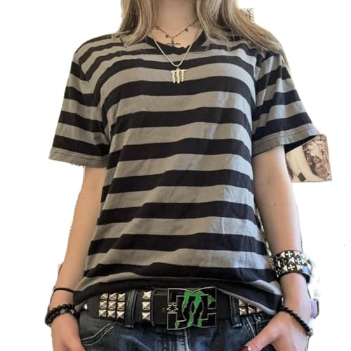 Womens Y2k Grunge Shirts Striped Baggy Crew Neck Short Sleeves Emo Tops 2000s Harajuku Vintage Teen Girls Goth Clothes (Retro Gray S)