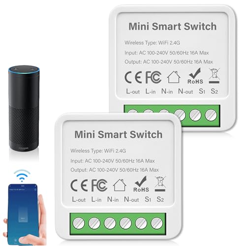 2 interruttori della luce intelligenti modulo a 2 vie, interruttore Smart Life, WLAN Mini interruttore fai da te, modulo relè intelligente, compatibile con Google Assistant e Alexa, neutro richiesto