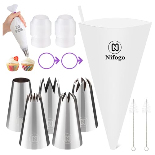 Nifogo Extra Large Professional Piping Bags with Nozzles, 42 Pieces, 5 pcs 304 Stainless Steel Piping Nozzles with 35cm Cotton Piping Bags, Reusable for Cakes, Tarts, Biscuits