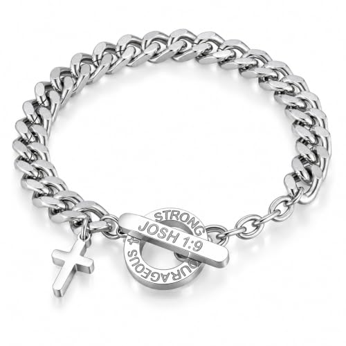 TempBeau Cross Bracelet for Men, Stainless Steel Cuban Link, Joshua 1:9 - image 8