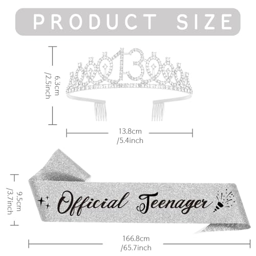 13th Birthday Sash and Tiara, Happy 13th Birthday Crown Birthday Gift for Girl, Teenager Thirteen Years Old Birthday Tiara Crowns for Girls Gift (Silver) - Image 2