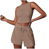 Conjunto de 2 piezas de suéter casual de verano para mujer, cuello redondo, sin mangas, cintura elástica, pantalones cortos con cordón, ajuste delgado, conjuntos de moda, conjuntos de gimnasio
