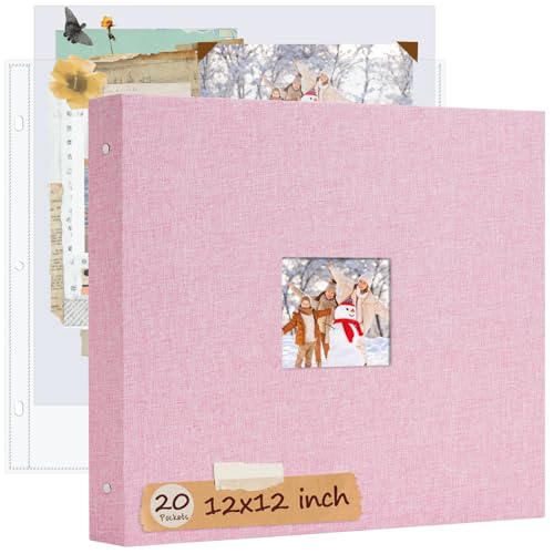 Hiwhy 12x12 Inch Large 3 Ring DIY Scrapbook Photo Album Linen Cover Scrapbook with 20 Sheets Plastic Sleeves 40 Pages Memory Book for Wedding Birthday Baby Family (Pink)