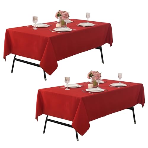 Image of 2-Pack 60x102 inch Red Table Cloths, Solid Stain and Wrinkle Resistant Oblong Tablecloth, Premium Plain Weave Polyester Fabric Rectangle Table Linen Covers for Hotel, Wedding