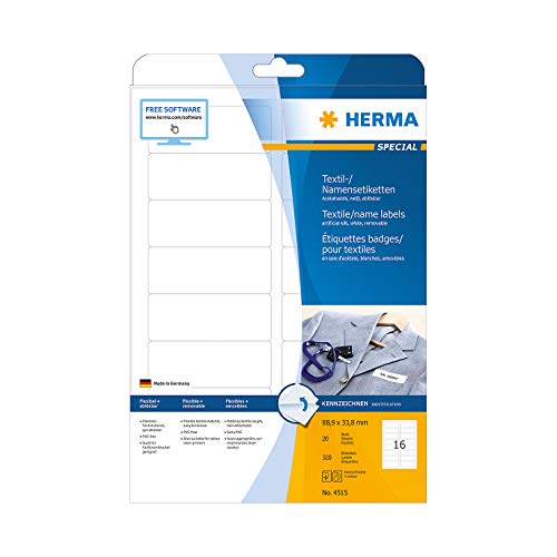 Namens- und Textiletiketten Herma, A4, 88,9 x 33,8 mm, selbstklebend, weiß, 160/320 Stück 320