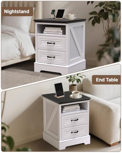 Image of Eongdon Nightstand with Charging Station, 18 inch W x 24 inch H Farmhouse Rustic Bedside End Table, 2 Storage Drawers & Open Compartment, Wooden Side Cabinet for Bedroom, Entryway, Living Room (White)