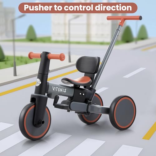 VITONIS 5 in 1 Dreirad, laufrad ab 1 Jahr, Kinderfahrrad mit Schubstange für Kinder 18 Monate-5 Jahre,Jungen Mädchen Geschenk, Grau