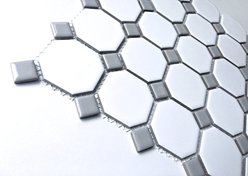 Squarefeet Depot Retro Octagon Porcelain Mosaic Floor and Wall Tile, 12\" x 12\", Matte White and Gray Dot Mixed