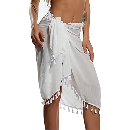 Image of Eicolorte Beach Sarong Pareo Womens Semi-Sheer Swimwear Cover Ups Short Skirt with Tassels