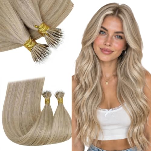 RUNATURE Ash Blonde Highlights Nano Hair Extensions 22 Inch 50G 50S