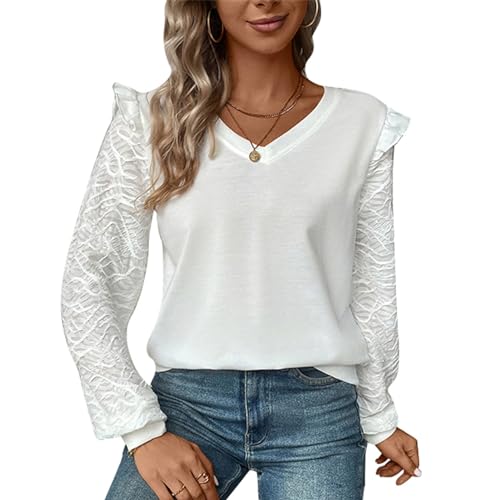 Pulôver de Mangas Compridas, Branco Puro Toque Confortável Feminino Casual Superior Decote Em V Espe