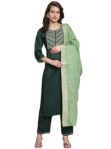 Image of VredeVogel Women Cotton Slub Straight Kurta Set With Pant and Net Embroidery Dupatta