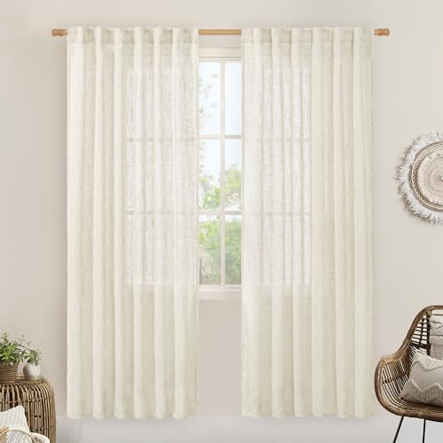 LAMIT Natural Linen Semi Sheer Curtains 80 Inch Length, Light Filtering Neutral Window Curtains Farmhouse Boho Back Tab and Rod Pocket Panels, Natural Cream Ivory, 2 Panels, 52 x 80 Inch