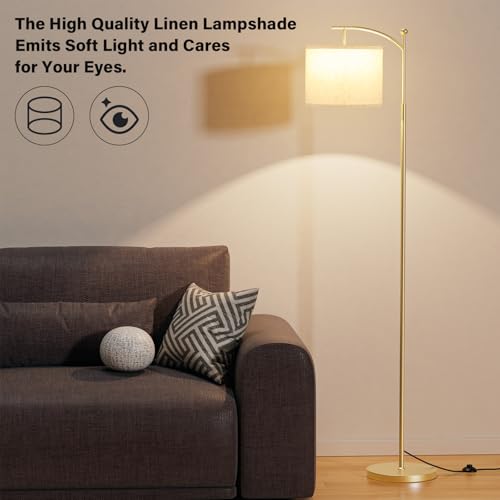 Image of Ambimall 60 inch Floor Lamp with 3 Color Temperatures, Adjustable Beige Shade, Gold Pole - Tall Lamp for Living Room, Bedroom, Office, Classroom, Dorm - 9W Bulb Included
