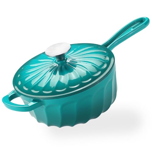 NSIRONS Enameled Cast Iron Sauce Pan, 2 Quart Enameled Saucepan with Lid, Mini Dutch Oven Enamel Saucepan for Cooking Pasta Sauce, Gravy, Puddings, Marinate, Boiling (Blue Green)