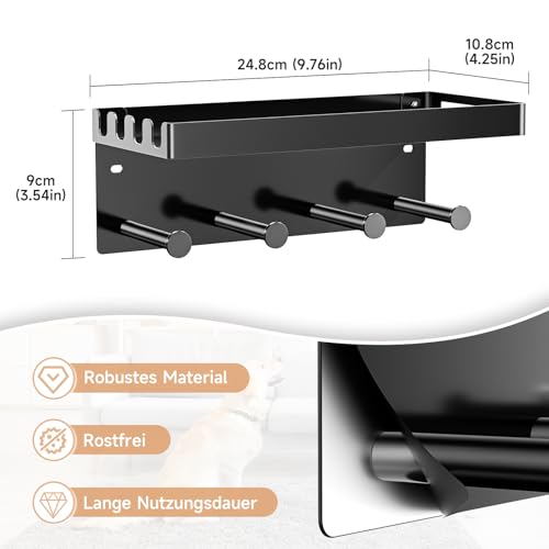 YYBO Hundegarderobe Schlüsselbrett Mit Ablage, Schlüsselhalter Wand, Schlüsselablage Schwarz, Metall Hundeleinen Halterung Wand für Flur, Eingangsbereich, Selbstklebend or Bohren